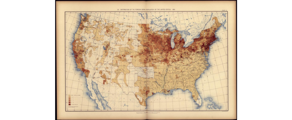 Historical map showing population distribution in the United States in 1890