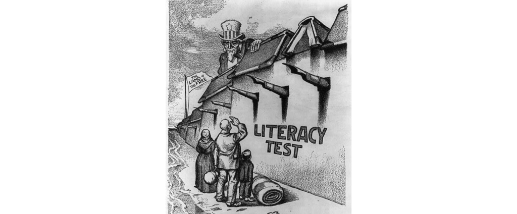 Political cartoon depicting an immigration literacy test and the American wall
